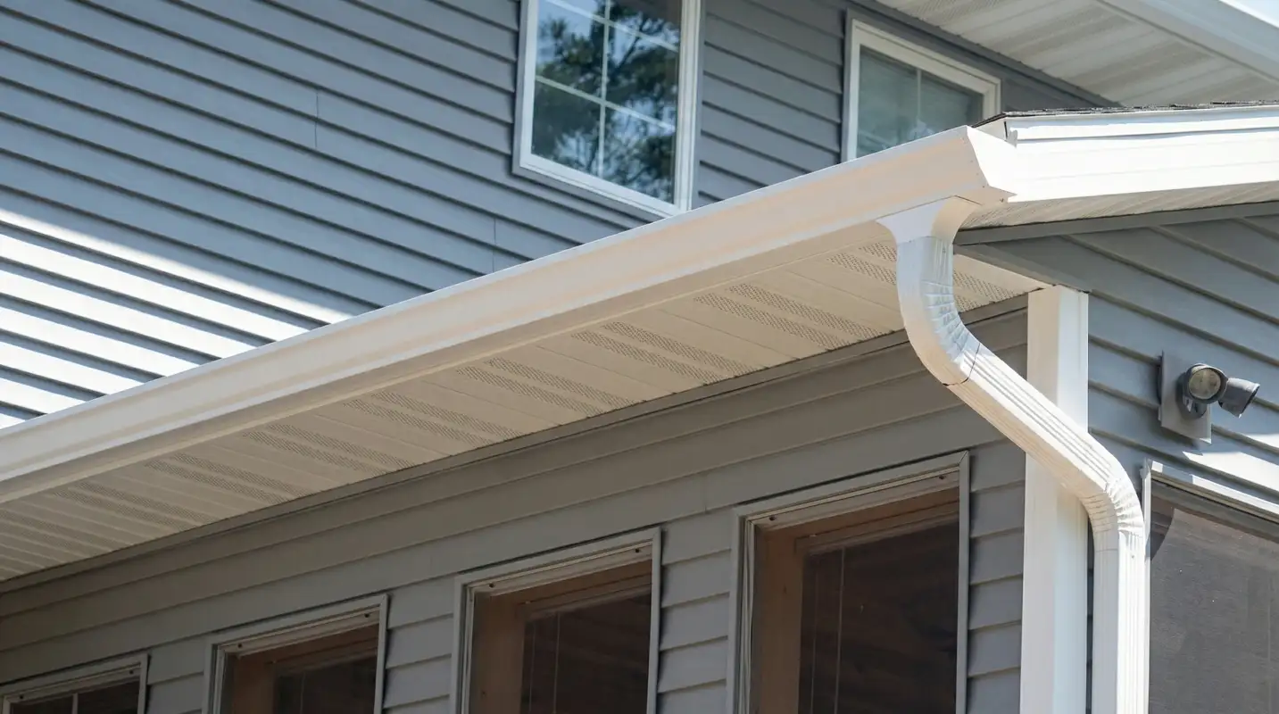 Professional home remodeling project showing newly installed white seamless gutters and downspouts on a house with gray siding in Lincoln, NE