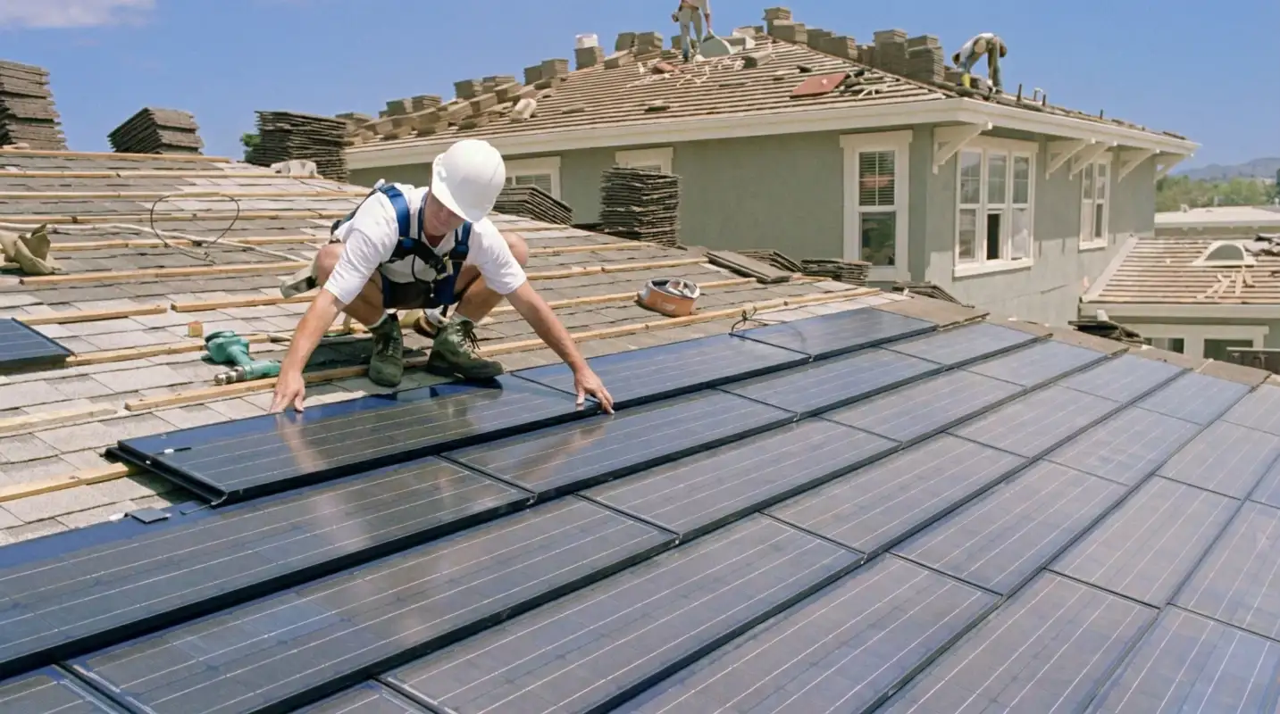 Roof replacement expert installing modern solar shingles on a residential home in Lincoln, NE