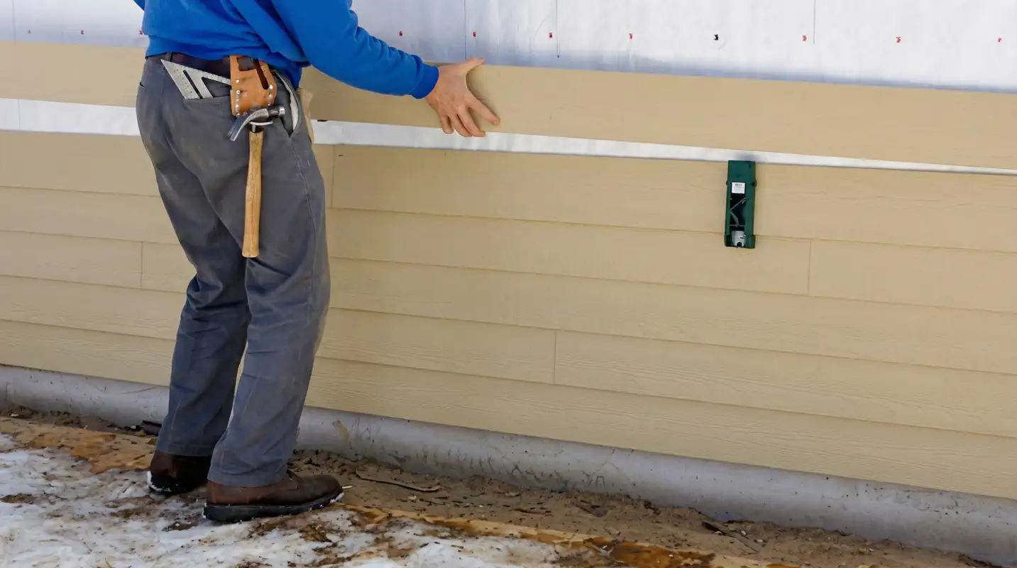 Siding replacement expert carefully aligning a new tan siding panel onto a residential exterior wall in Lincoln, NE