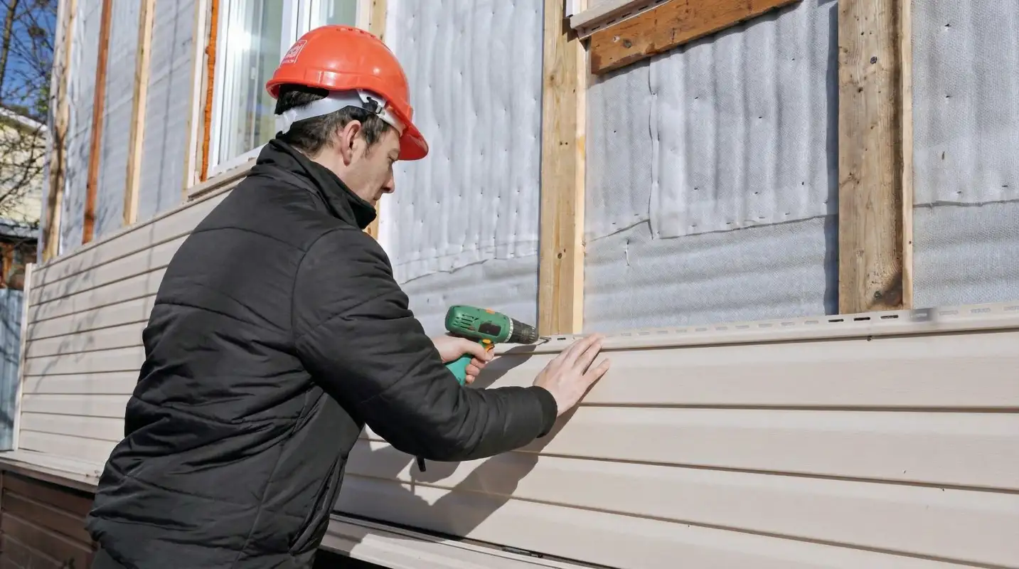 Siding replacement professional using a power drill to install new tan vinyl siding on a home exterior in Lincoln, NE