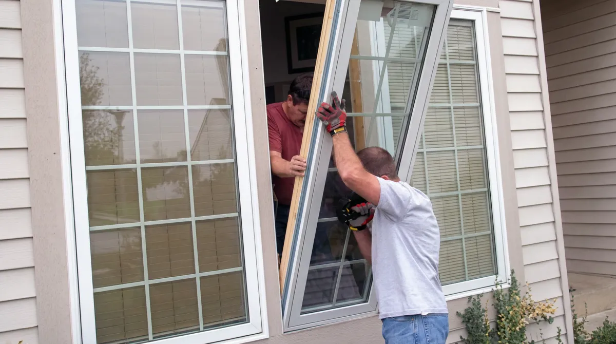 Professional home remodeling team installing a large replacement window on a house with tan siding in Lincoln, NE