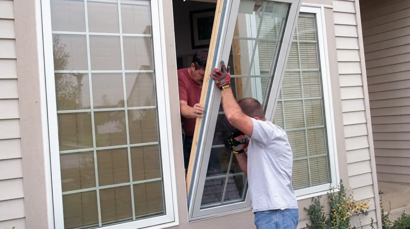 Professional home remodeling team installing a large replacement window on a house with tan siding in Lincoln, NE